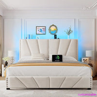 Bed Frame with Velvet Headboard and LED Light