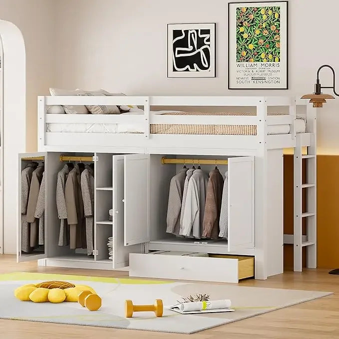 Twin Size Loft Bed W/2 Wardrobes/Mirror