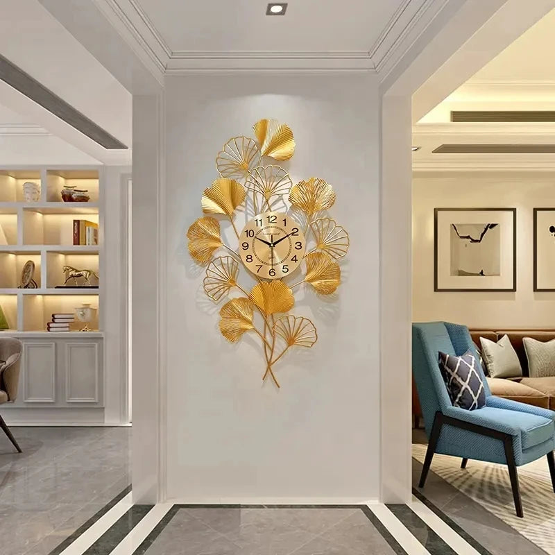 80*46CM Metal Art Wall Clock Golden Ginkgo