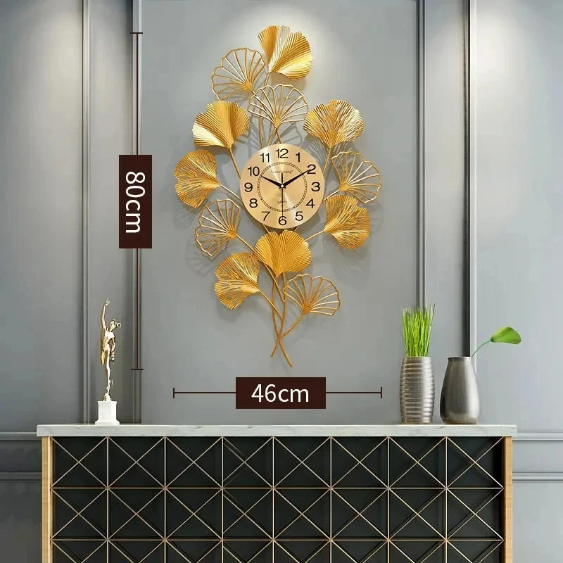 80*46CM Metal Art Wall Clock Golden Ginkgo