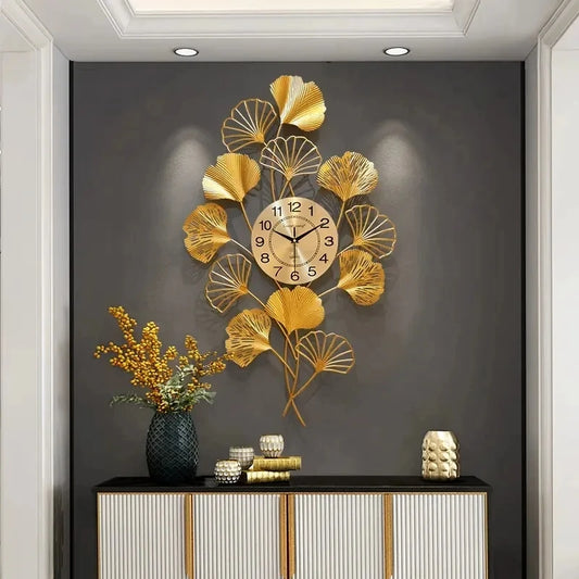 80*46CM Metal Art Wall Clock Golden Ginkgo