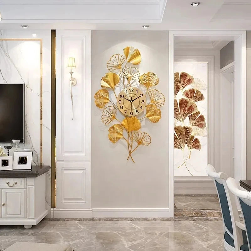 80*46CM Metal Art Wall Clock Golden Ginkgo