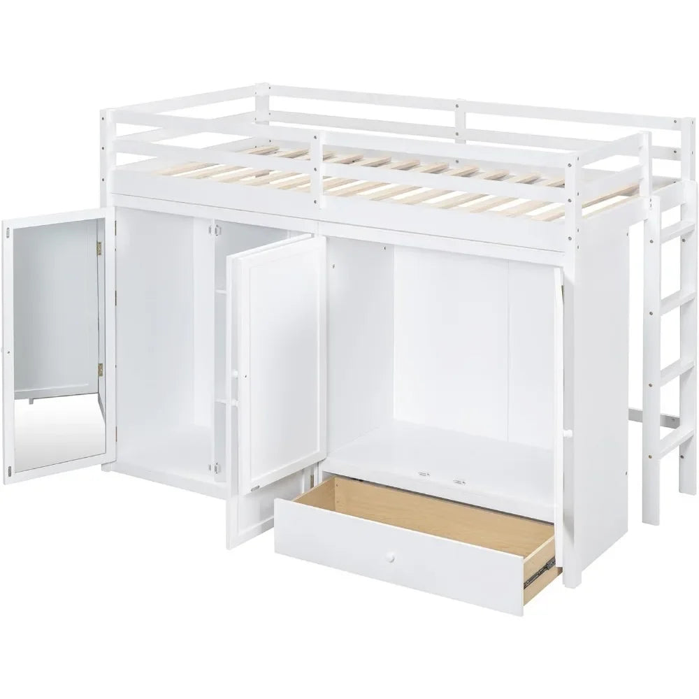 Twin Size Loft Bed W/2 Wardrobes/Mirror