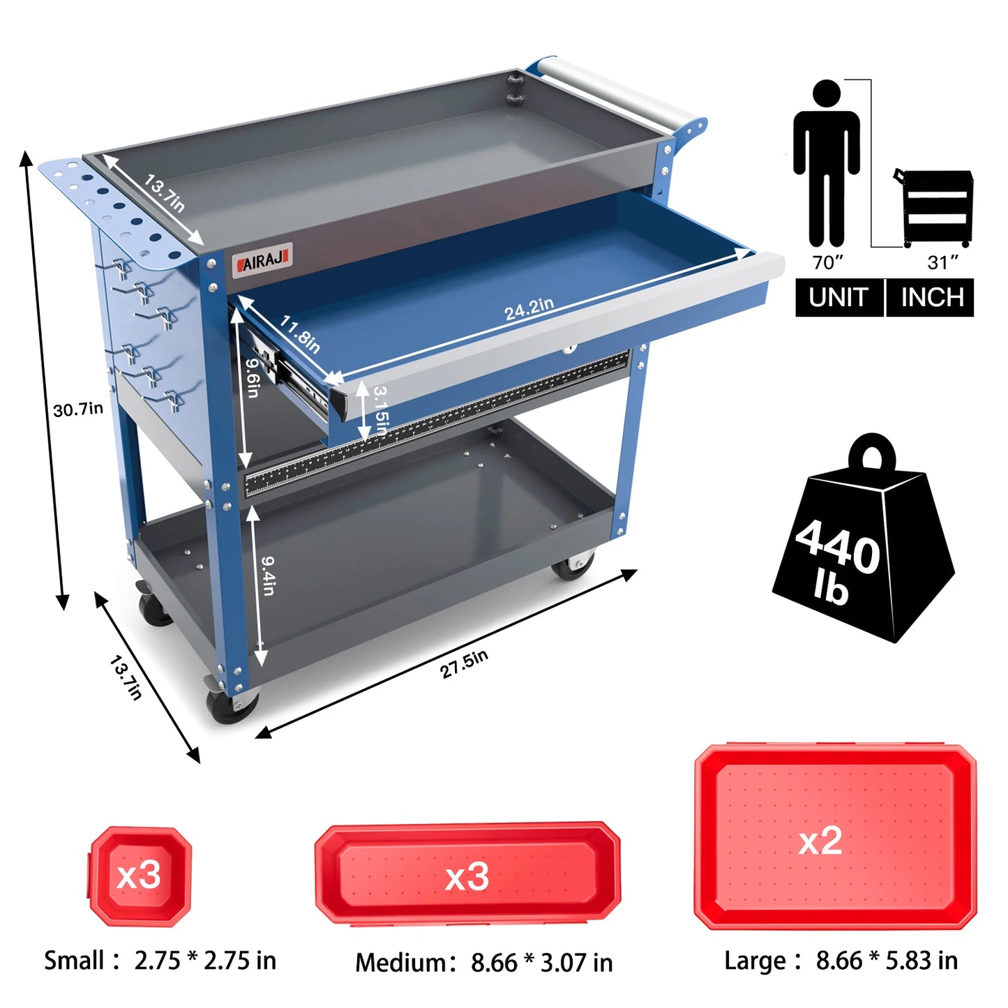 3 Tier Rolling Tool Cart On Wheels