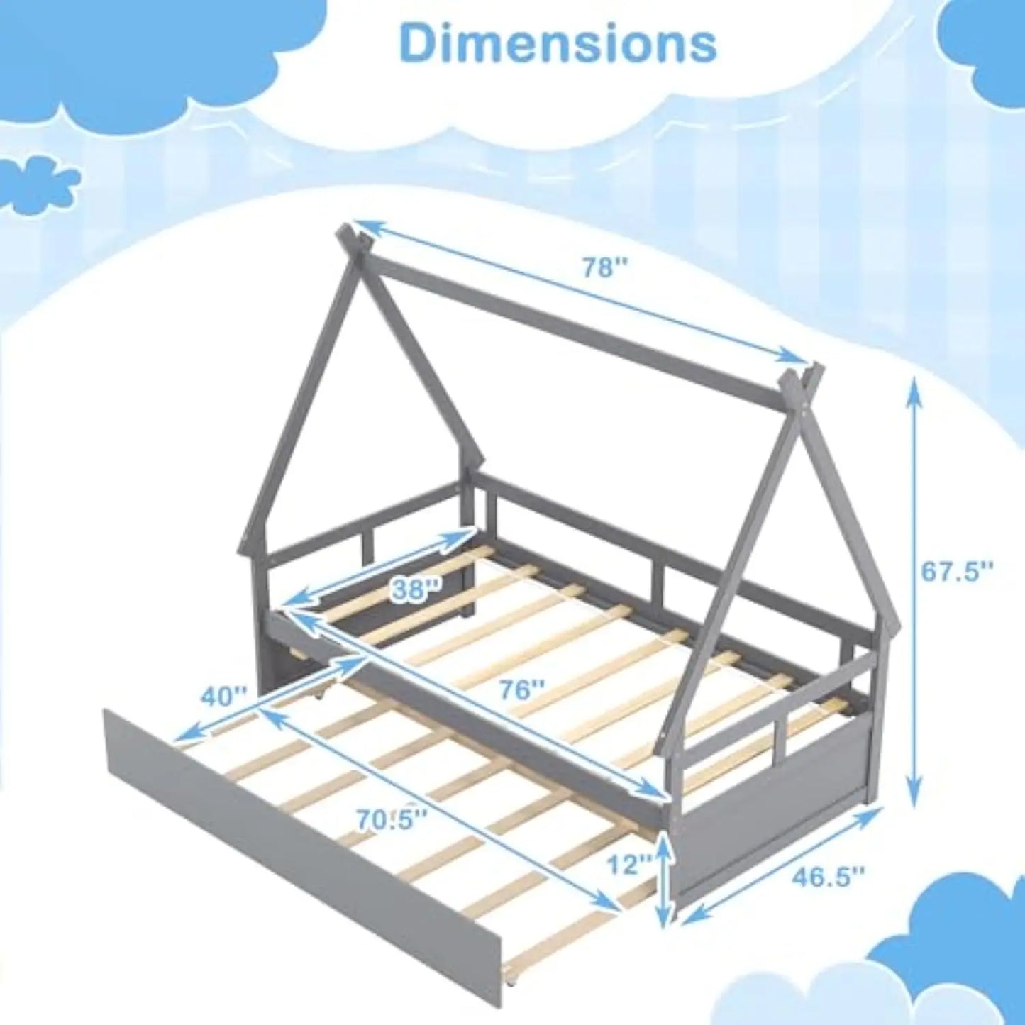 Twin Size Wood House Bed W/Trundle