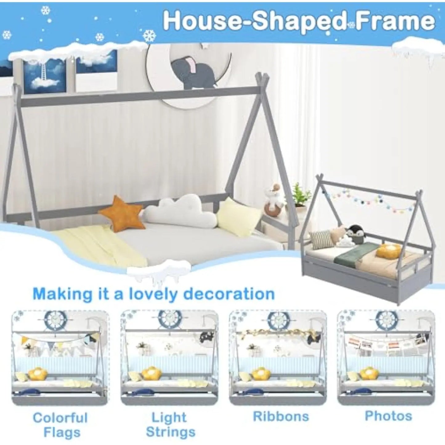 Twin Size Wood House Bed W/Trundle