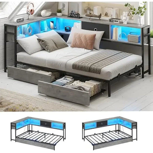 Corner Bed Frame Twin Size W/Bookcase