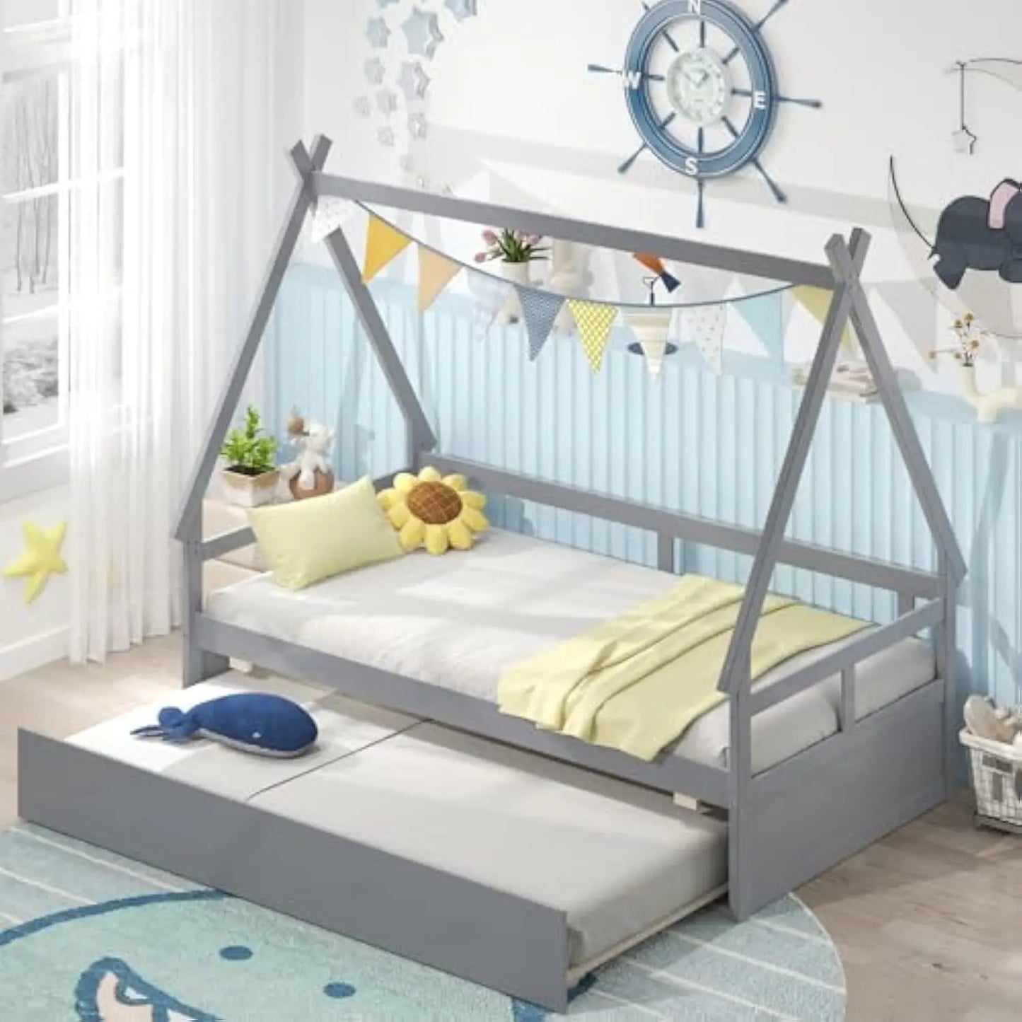 Twin Size Wood House Bed W/Trundle