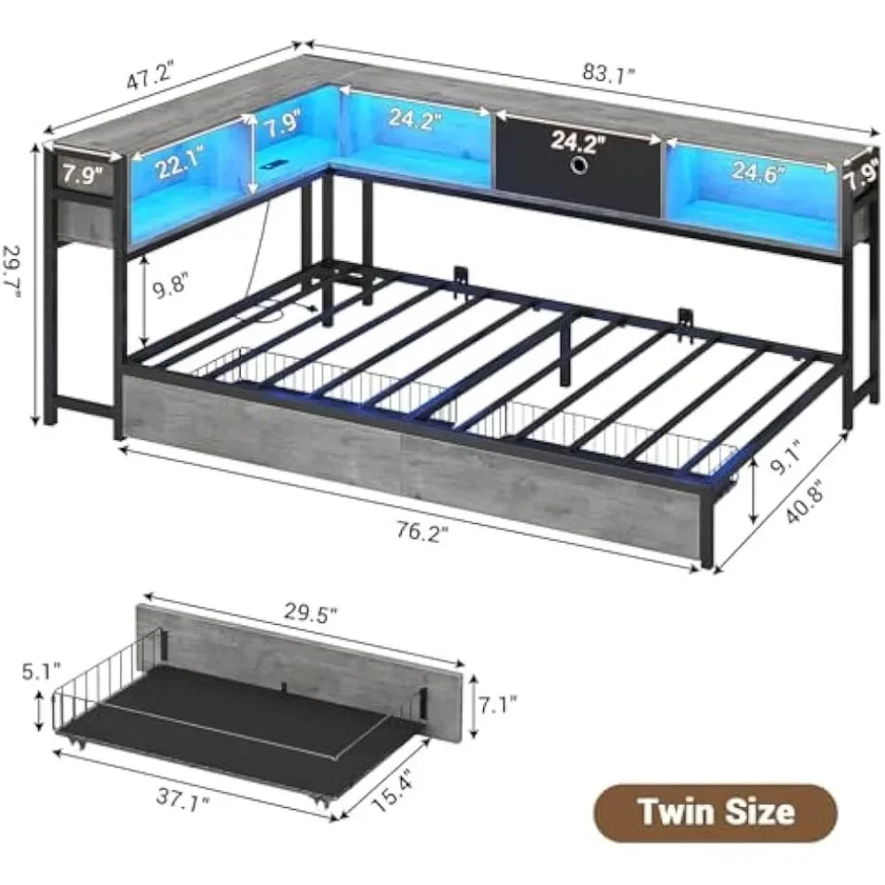 Corner Bed Frame Twin Size W/Bookcase