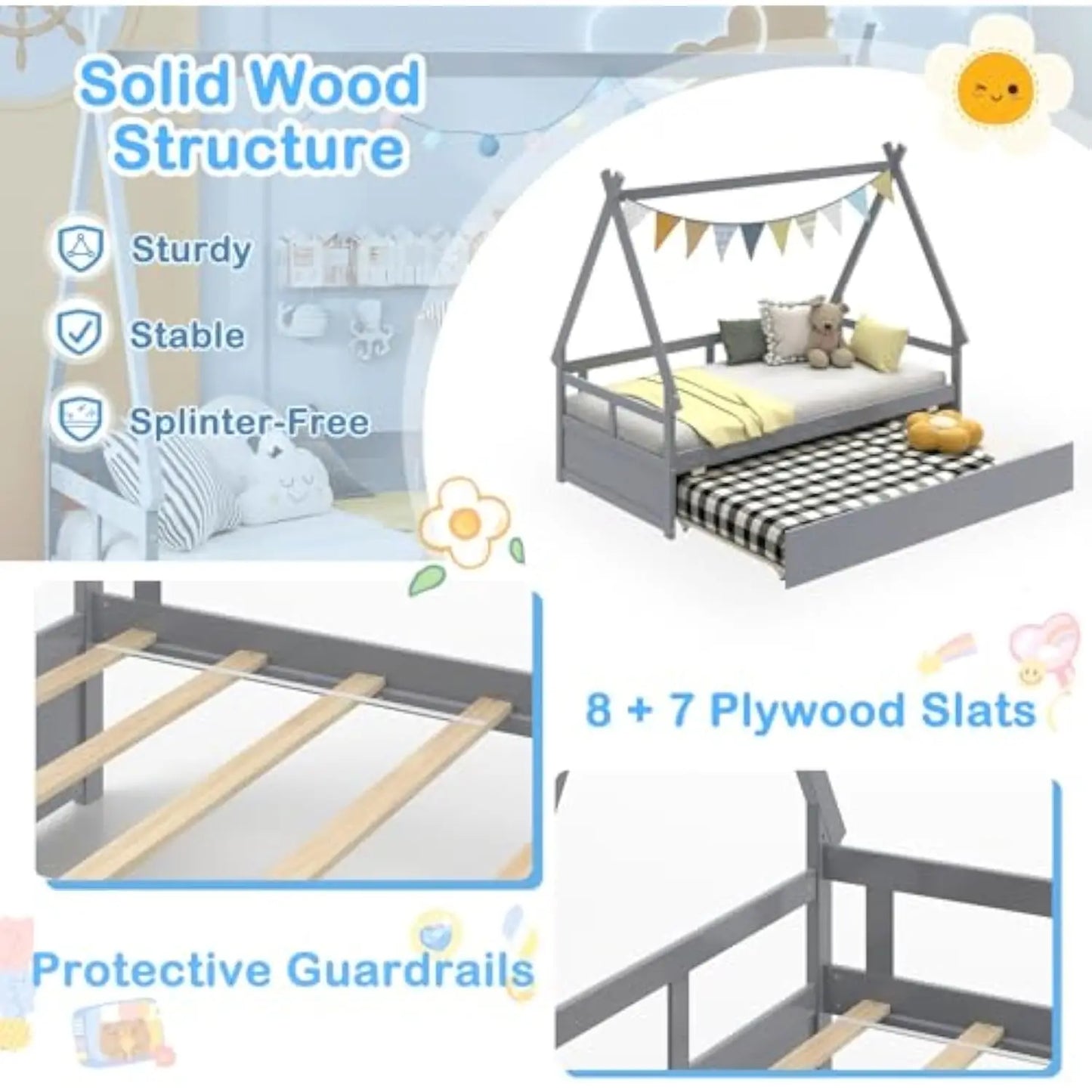 Twin Size Wood House Bed W/Trundle