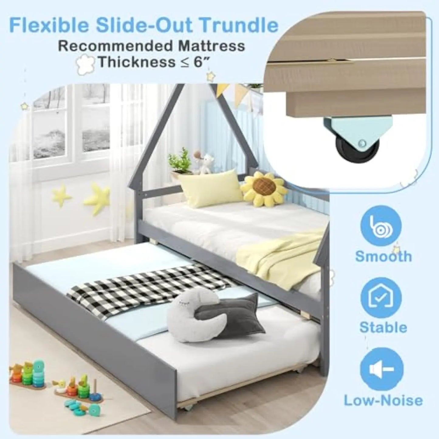 Twin Size Wood House Bed W/Trundle