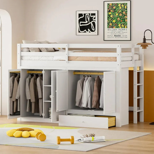 Twin Size Loft Bed W/2 Wardrobes/Mirror